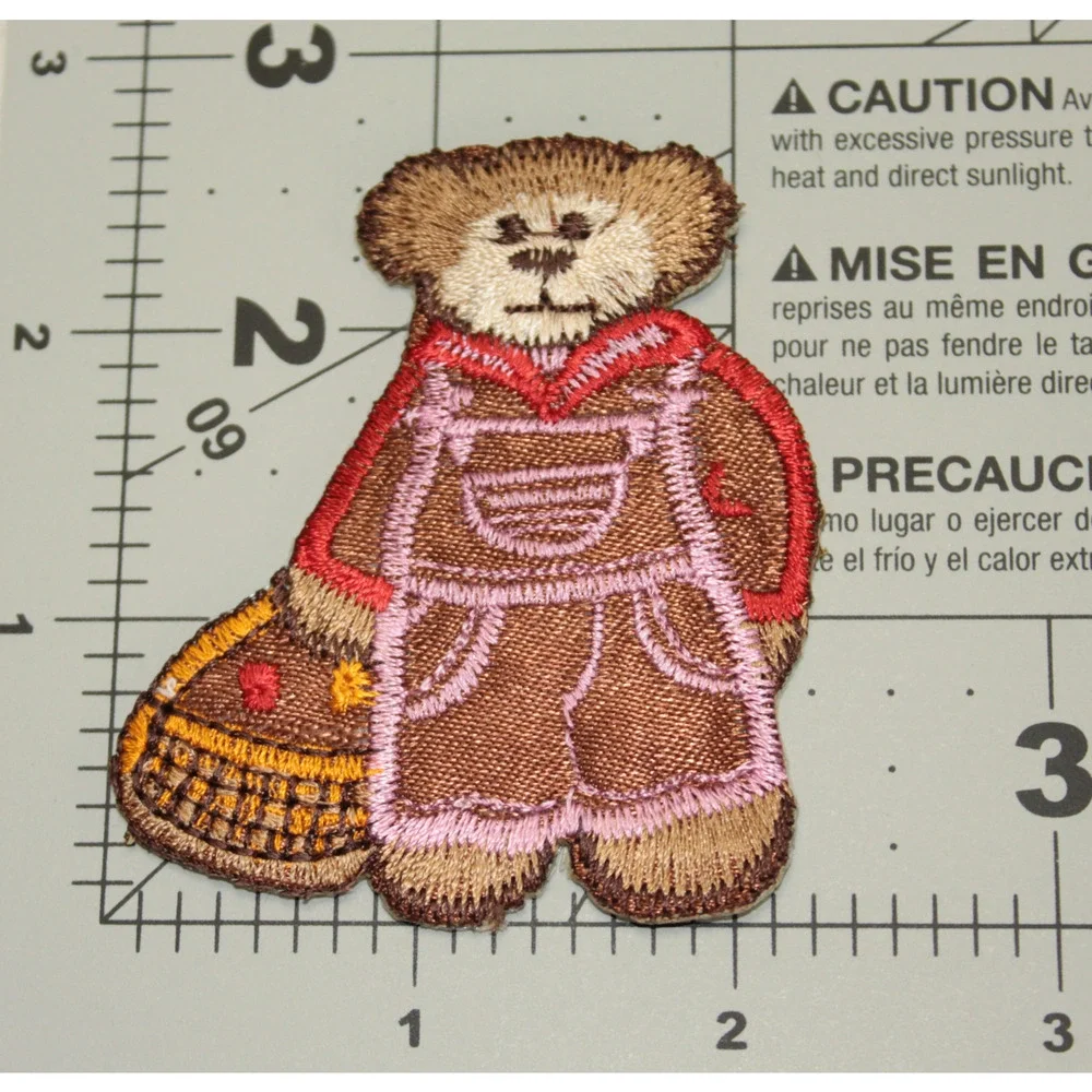 Teddy Bear Overalls Pink Red Orange Embroidered Iron On Applique Patch Vintage